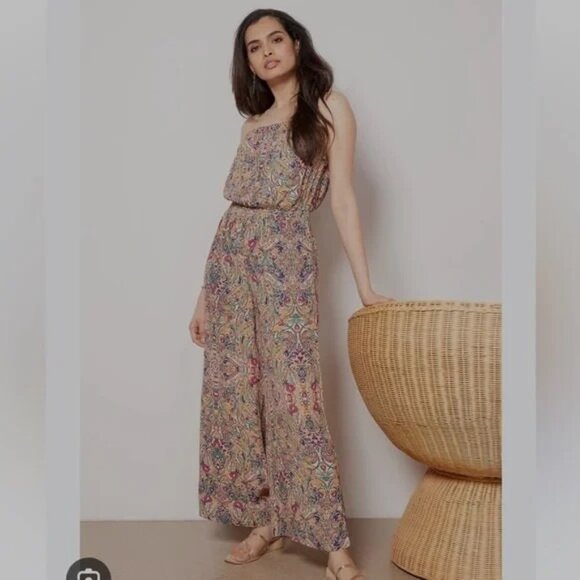 Evereve Womens Astrid Jumpsuit Smocked Wide Leg Strapless Paisley Print Medium - Picture 1 of 5